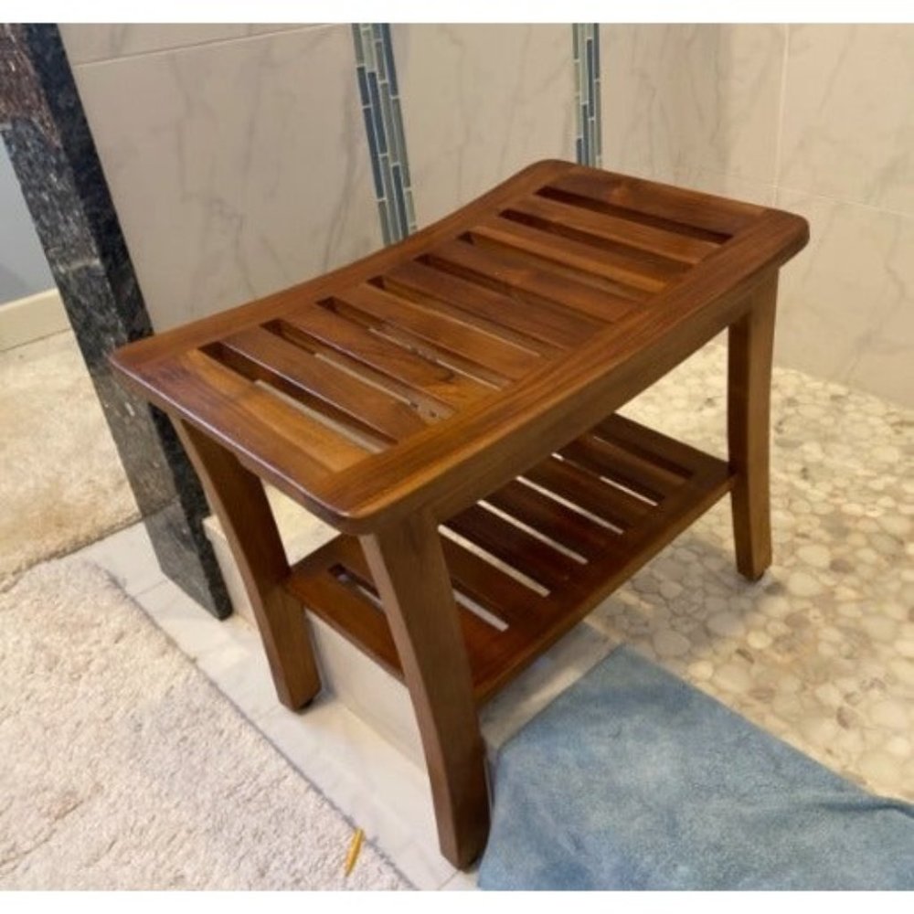 Teak Shower Bench with Shelf 21 Inch, Fully Assembled Teak Wood Shower Stool